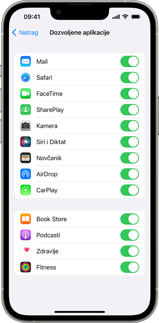 iPhone koji prikazuje zaslon Dozvoljene aplikacije. Odabrane aplikacije imaju uključen prekidač.