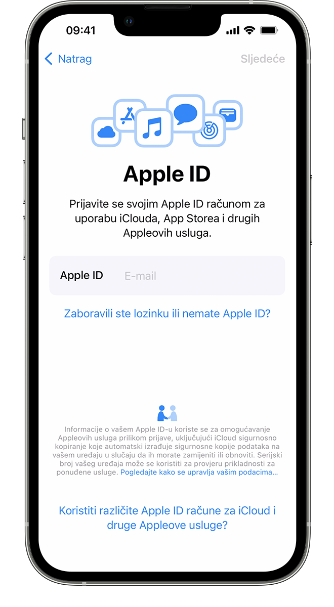 Novi iPhone na kojem se prikazuje zaslon Apple ID, a na kojem se možete prijaviti pomoću Apple ID-ja i lozinke.