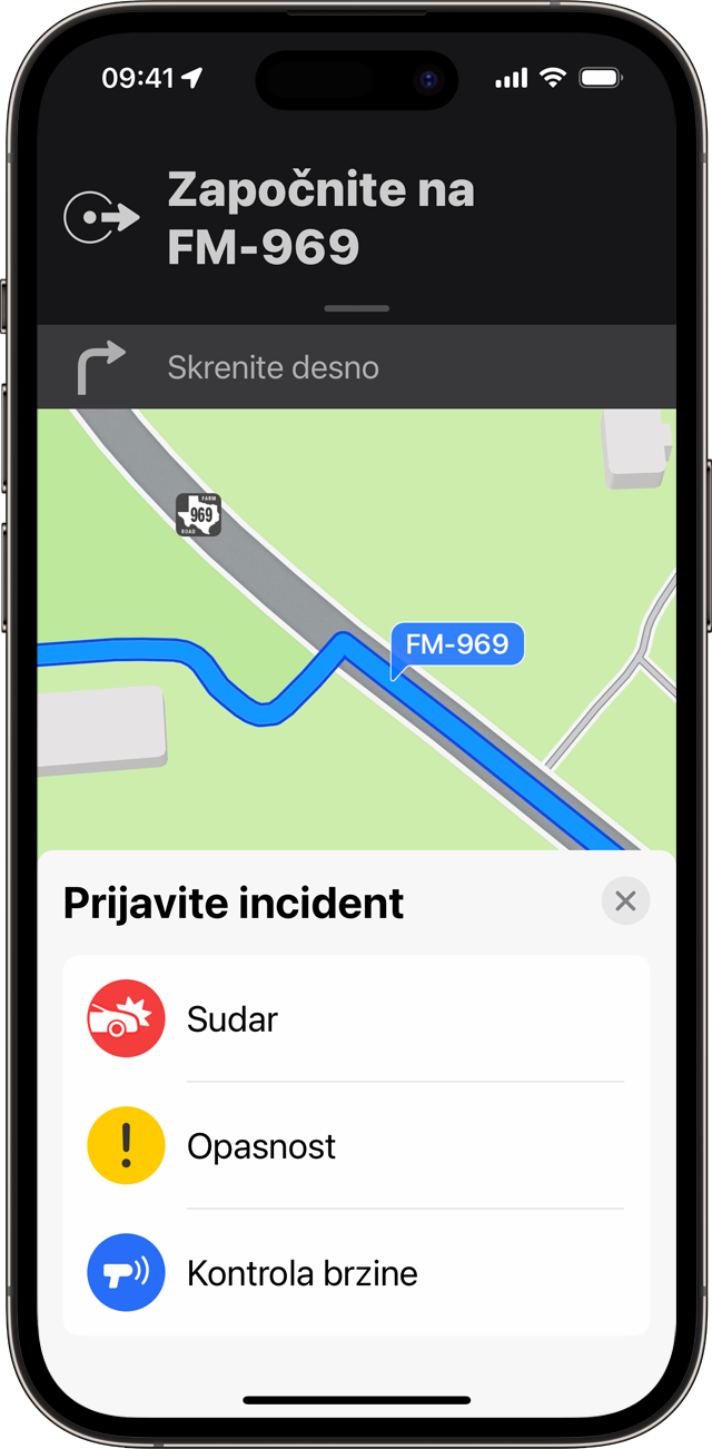 Incident možete prijaviti dok koristite detaljne upute u Kartama na iPhone uređaju.