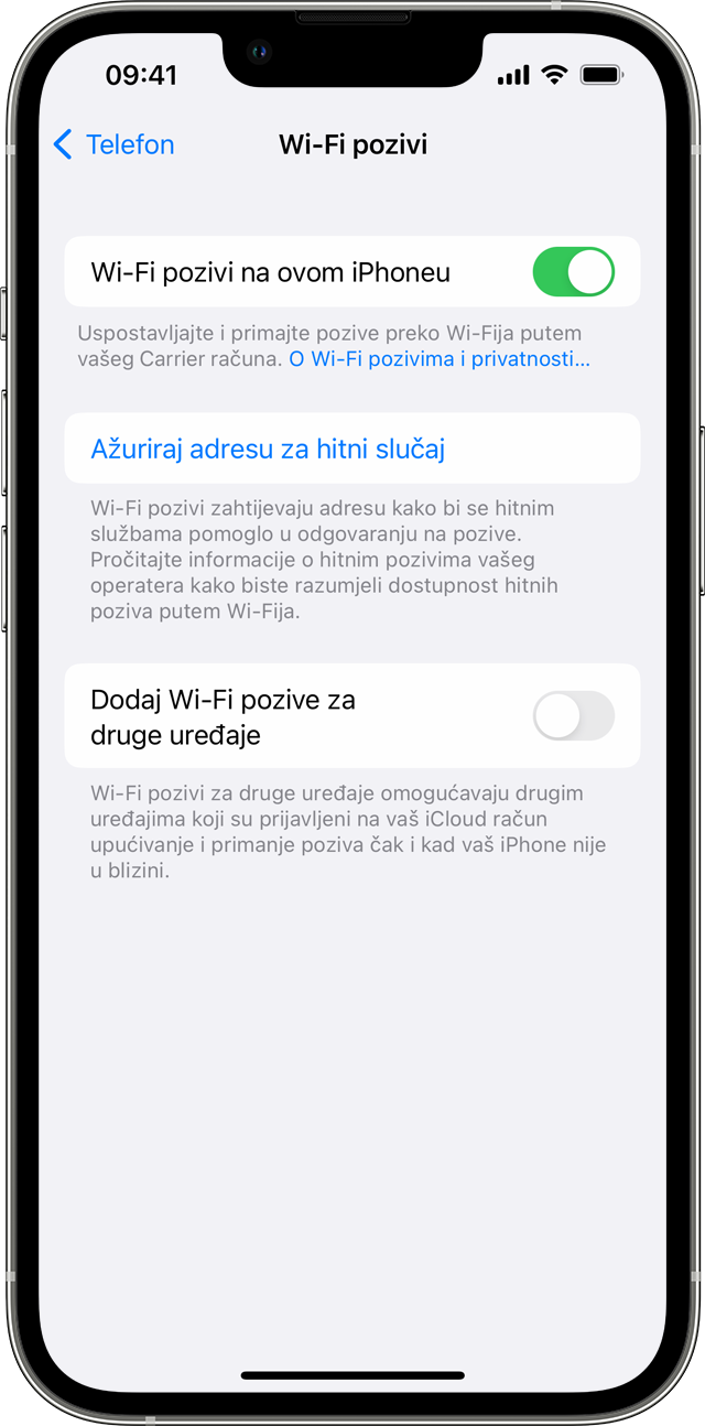Uređaj iPhone s prikazom zaslona Wi-Fi poziva, s uključenom istoimenom značajkom na ovom telefonu.