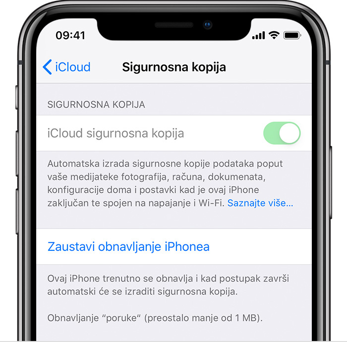 iPhone s prikazom uključene značajke iCloud sigurnosna kopija