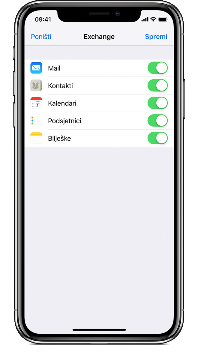 Završni zaslon za odabir mogućnosti računa prilikom dodavanja exchange računa iOS uređaju
