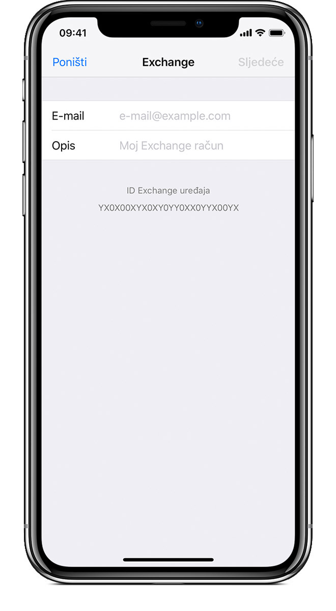 Zaslon za dodavanje exchange računa na iOS uređaju