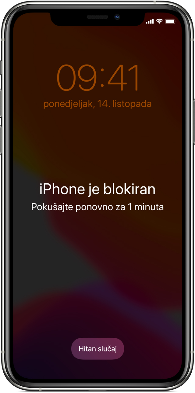 iPhone uređaj na kojem se prikazuje poruka „iPhone je onemogućen” nakon što je iskorišten najveći dopušteni broj unosa pogrešne šifre.