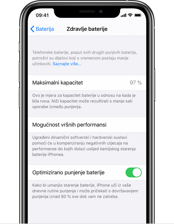 Detalji o optimiziranom punjenju baterije vašeg iPhone uređaja - Apple  Podrška