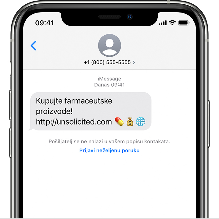 Na iPhone uređaju prikazuje se kako prijaviti neželjene poruke u aplikaciji Poruke