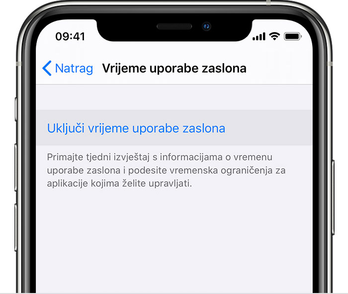 Postavke iPhone uređaja s odabranom stavkom „Uključi vrijeme uporabe zaslona”