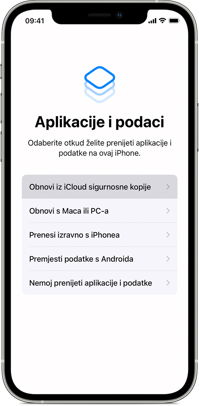 iPhone na kojem se prikazuje zaslon aplikacija i podataka s odabranom opcijom „Obnovi iz iCloud sigurnosne kopije”.