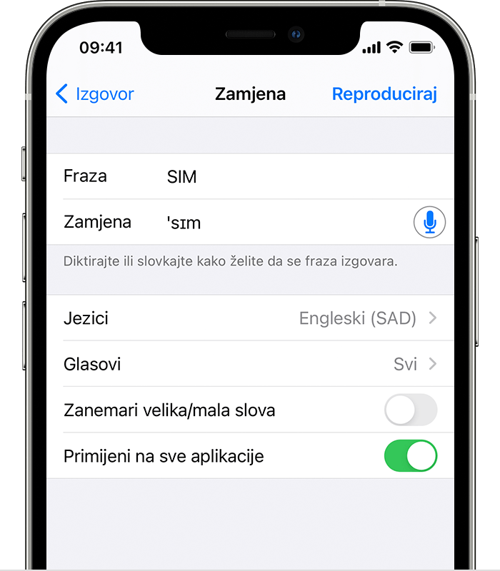 Zaslon iPhone uređaja koji prikazuje SIM u polju Fraza i izgovor za SIM u polju Zamjena. 