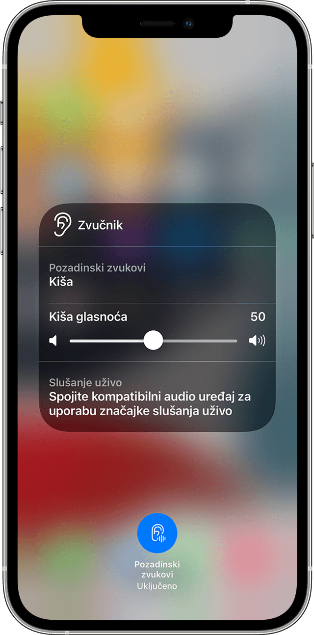iPhone s prikazom izbornika aplikacije Pozadinski zvukovi. Gumb Pozadinski zvukovi nalazi se na dnu zaslona u sredini.