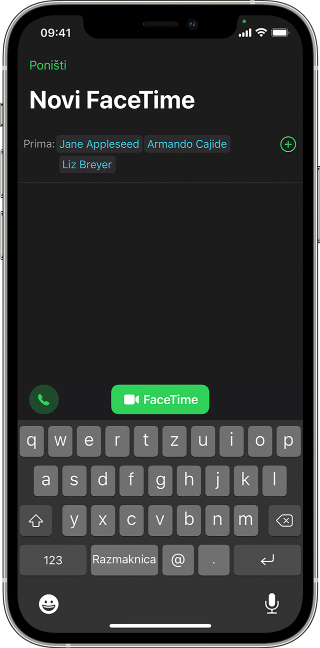 Na iPhone uređaju prikazuje se kako započeti grupni FaceTime poziv iz aplikacije FaceTime