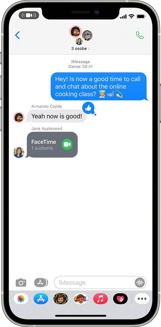 Na iPhone uređaju prikazuje kako se uključiti u FaceTime poziv iz grupne poruke