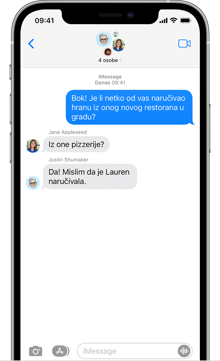 iPhone s prikazom grupne tekstne iMessage poruke u kojoj sudjeluje pet osoba.