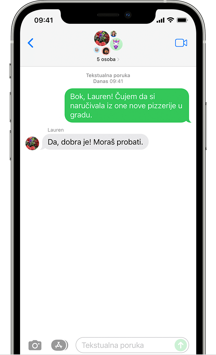 iPhone s prikazom grupne tekstne MMS poruke u kojoj sudjeluje šest osoba.