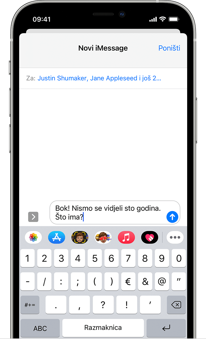iPhone prikazuje kako poslati grupnu tekstnu poruku. Poruka se upisuje, ali još nije poslana.