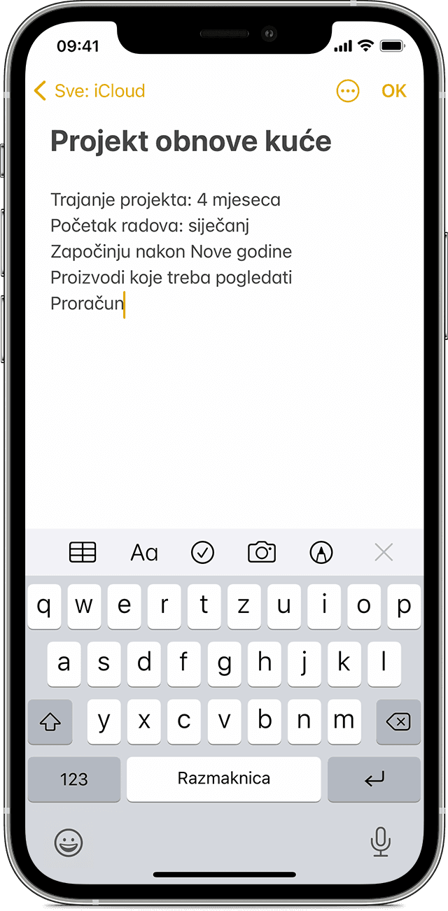 iPhone na kojem se prikazuje kako izraditi bilješku u aplikaciji Bilješke