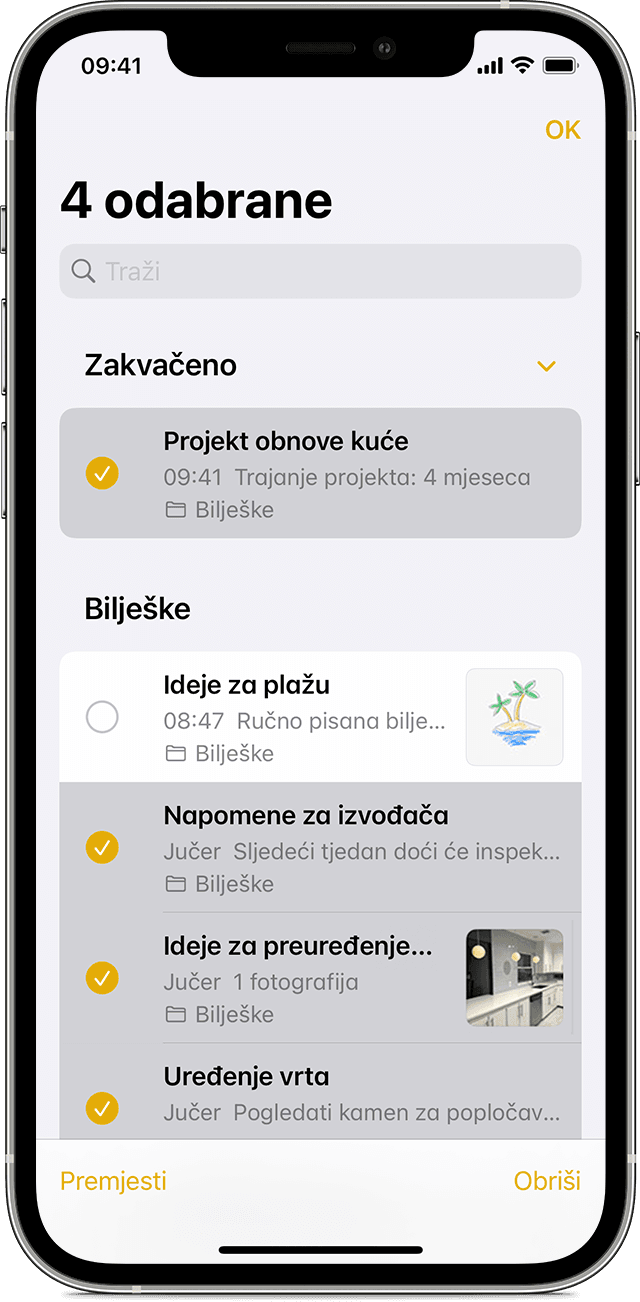 iPhone na kojem se prikazuje kako premjestiti bilješku u drugu mapu u aplikaciji Bilješke.