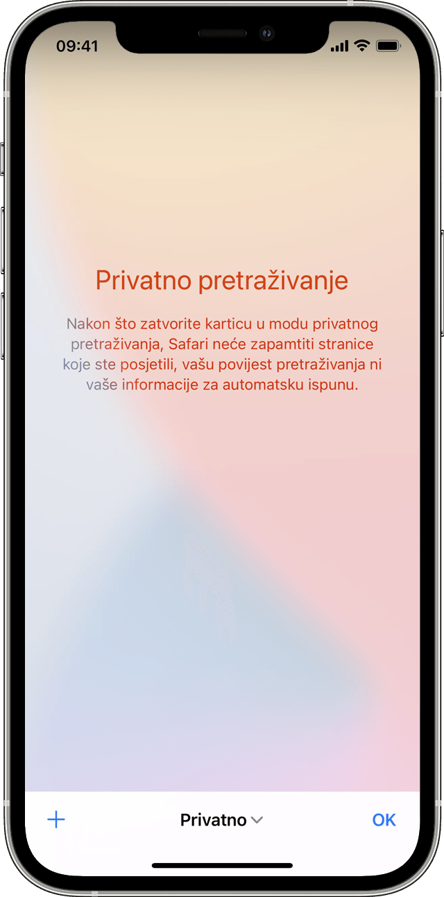 iPhone koji prikazuje zaslon moda privatnog pregledavanja kada dodirnete Privatno za uključivanje Privatnog pregledavanja.