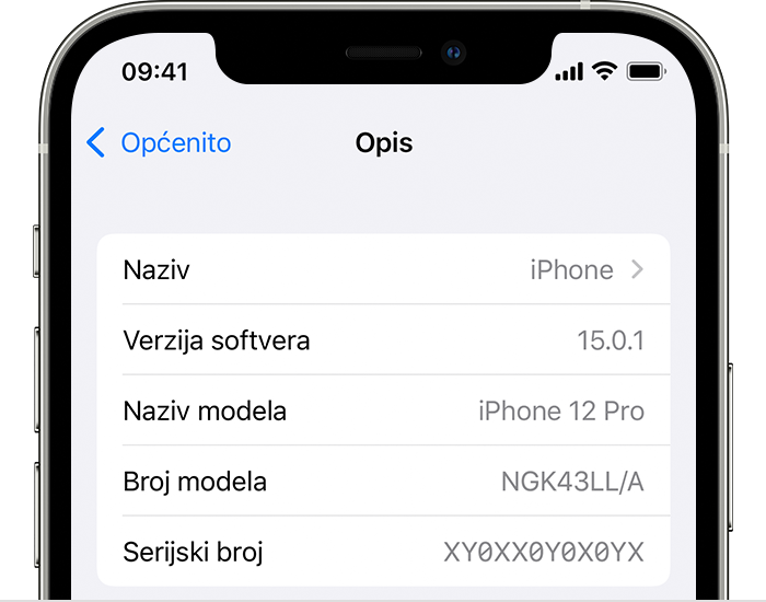 iPhone s prikazom zaslona Opis s verzijom softvera prikazanom ispod naziva uređaja.