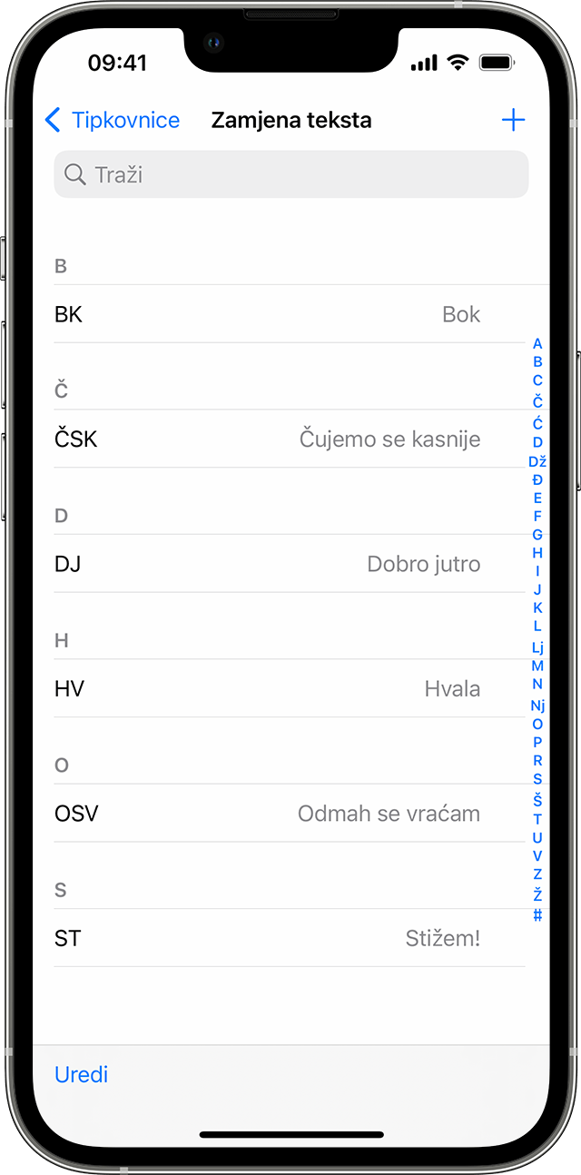 Zaslon iPhone uređaja na kojem se prikazuje kako koristiti zamjenu teksta