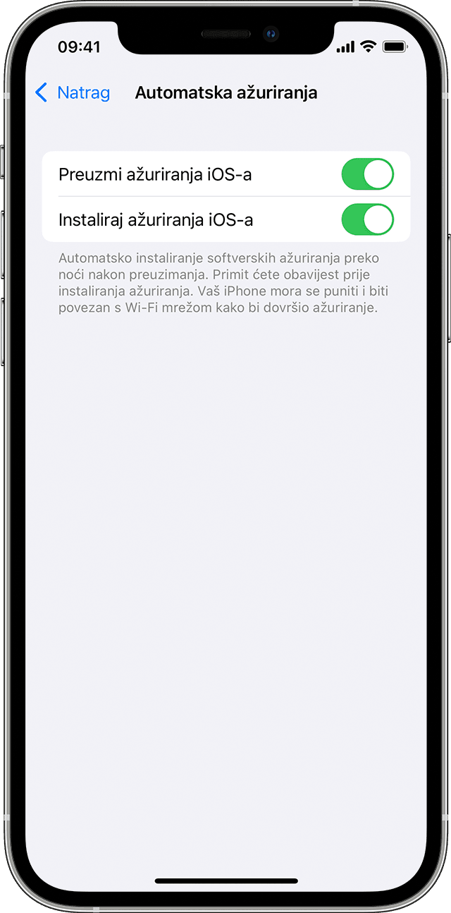 Stranica Automatska ažuriranja u aplikaciji Postavke na iPhone uređaju na kojoj se prikazuju opcije za automatsko preuzimanje i ažuriranje ažuriranja za iOS.