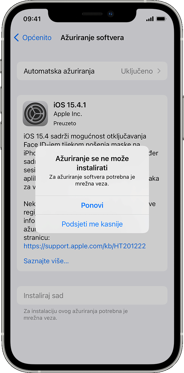 iPhone s upozorenjem „Ažuriranje se ne može instalirati”.