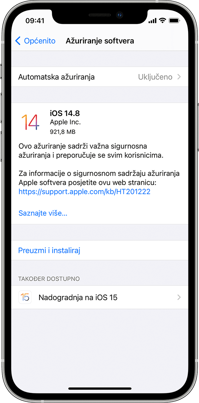 Aplikacija Postavke na iPhone uređaju u kojoj se prikazuju opcije za ažuriranje na iOS 14.8 ili iOS 15.