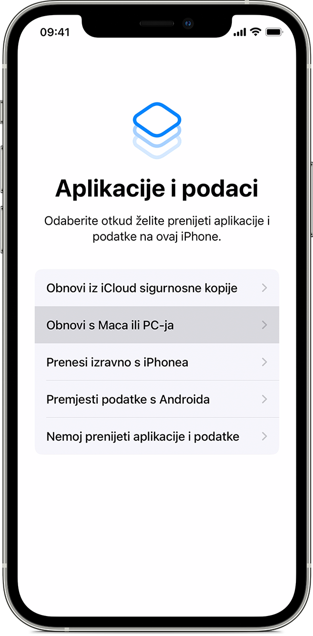 iPhone uređaj s prikazom zaslona Aplikacije i podaci i odabranom opcijom Obnovi s Mac ili PC računala.