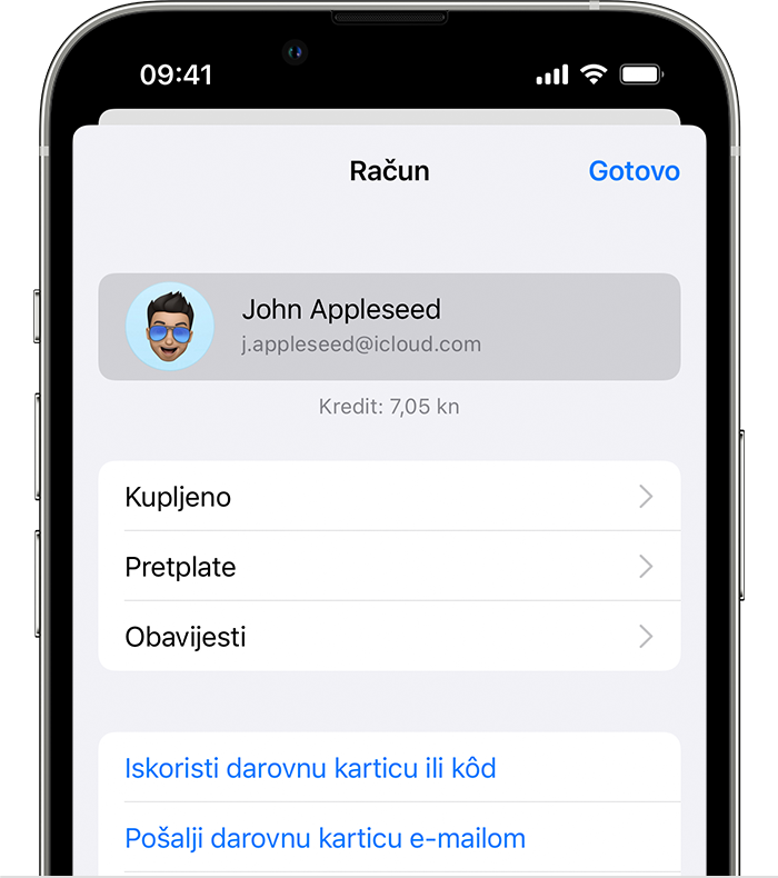 iPhone s izbornikom Račun na kojemu je odabran Apple ID Johna Appleseeda.