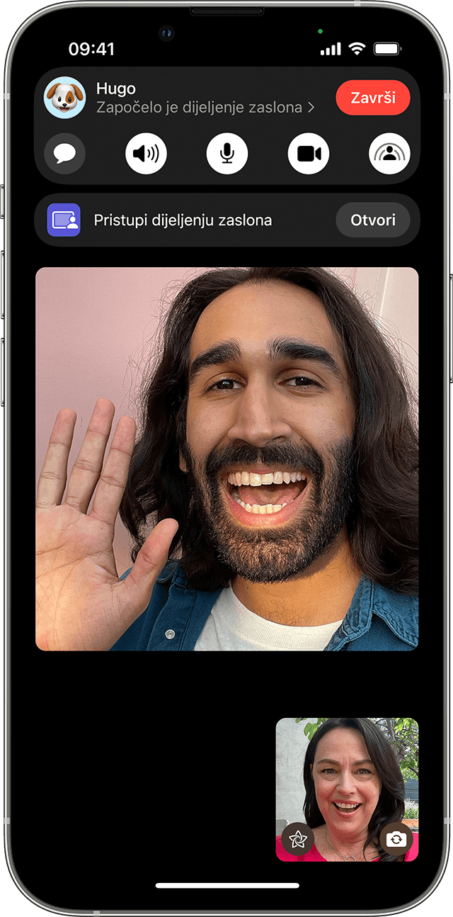 iPhone na kojem je prikazan FaceTime poziv. Mogućnost Pridruži se dijeljenju zaslona nalazi se među kontrolama za FaceTime na vrhu zaslona.