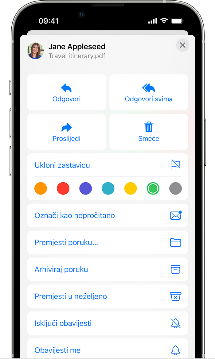 Odabir boje zastavice za označavanje e-maila u aplikaciji Mail u sustavu iOS 15