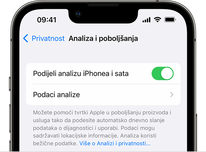 iPhone s prikazom opcija Analiza i poboljšanja, s uključenom opcijom Podijeli analizu iPhonea i sata.