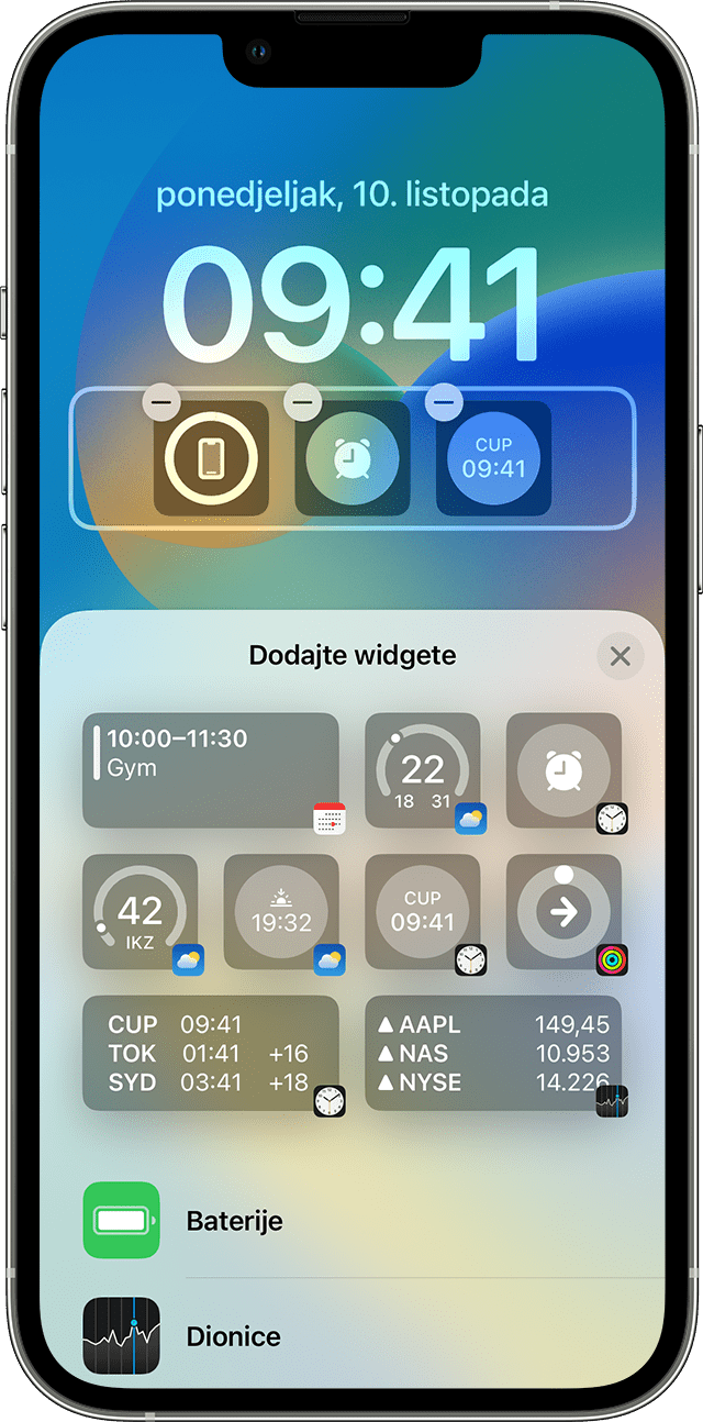 Zaslon iPhone uređaja s prikazom dodavanja widgeta na zaključani zaslon