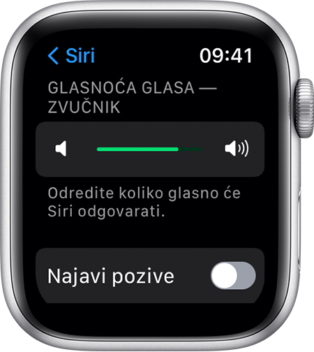 Snimka zaslona uređaja sa sustavom watchOS na kojoj su prikazani glasnoća glasa i zvučnik