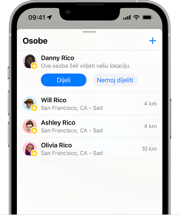Dijeljenje lokacije s prijateljima u aplikaciji Pronalaženje na iPhone uređaju