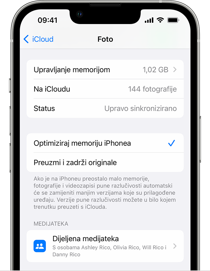 Na iPhone uređaju prikazuju se postavke aplikacije Foto za iCloud, uključujući opcije za optimizaciju memorije iPhone uređaja ili preuzimanje i čuvanje originala
