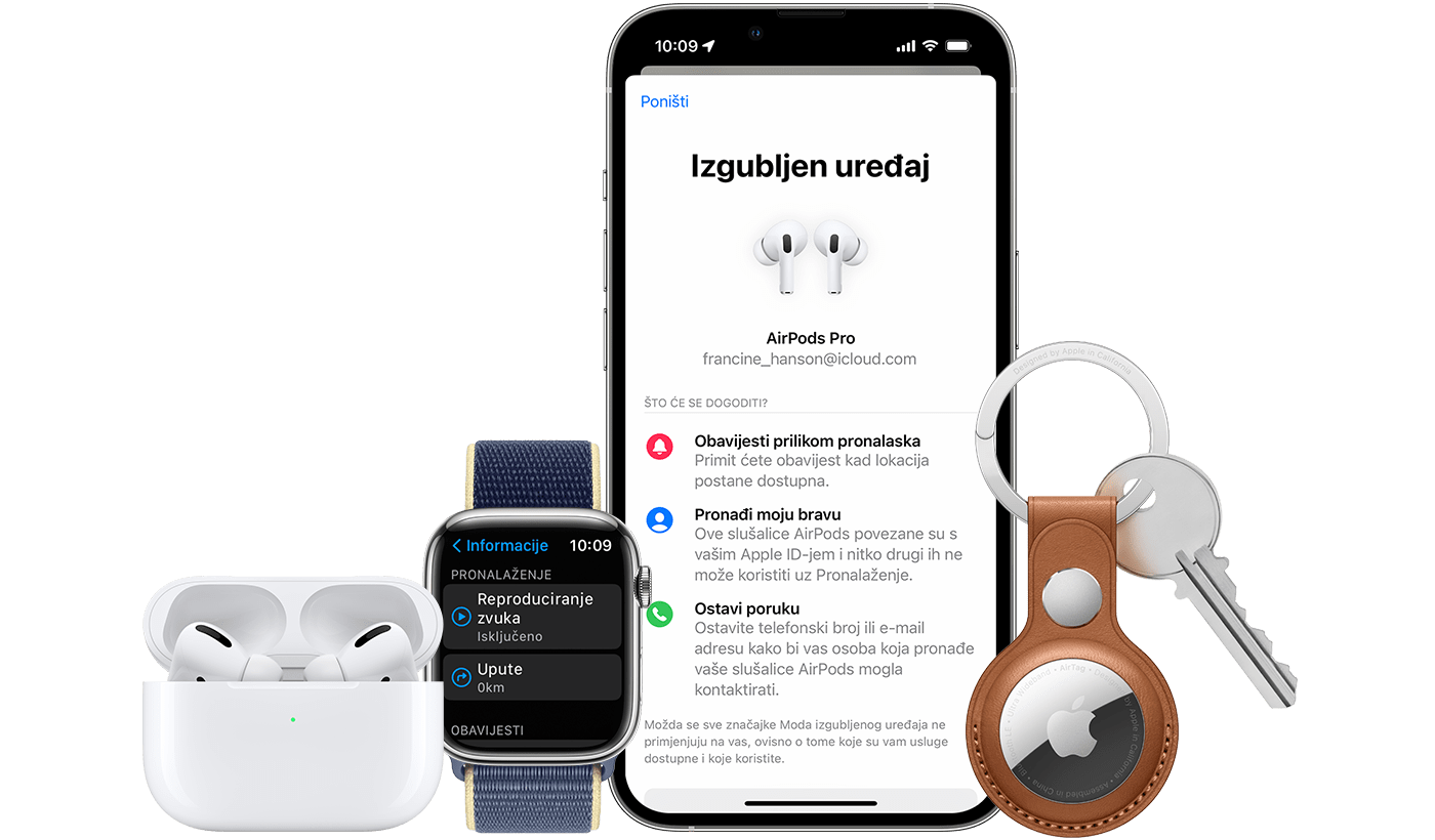 Upotrijebite Pronalaženje da biste pronašli svoje AirPods slušalice, Apple Watch i AirTag uređaj