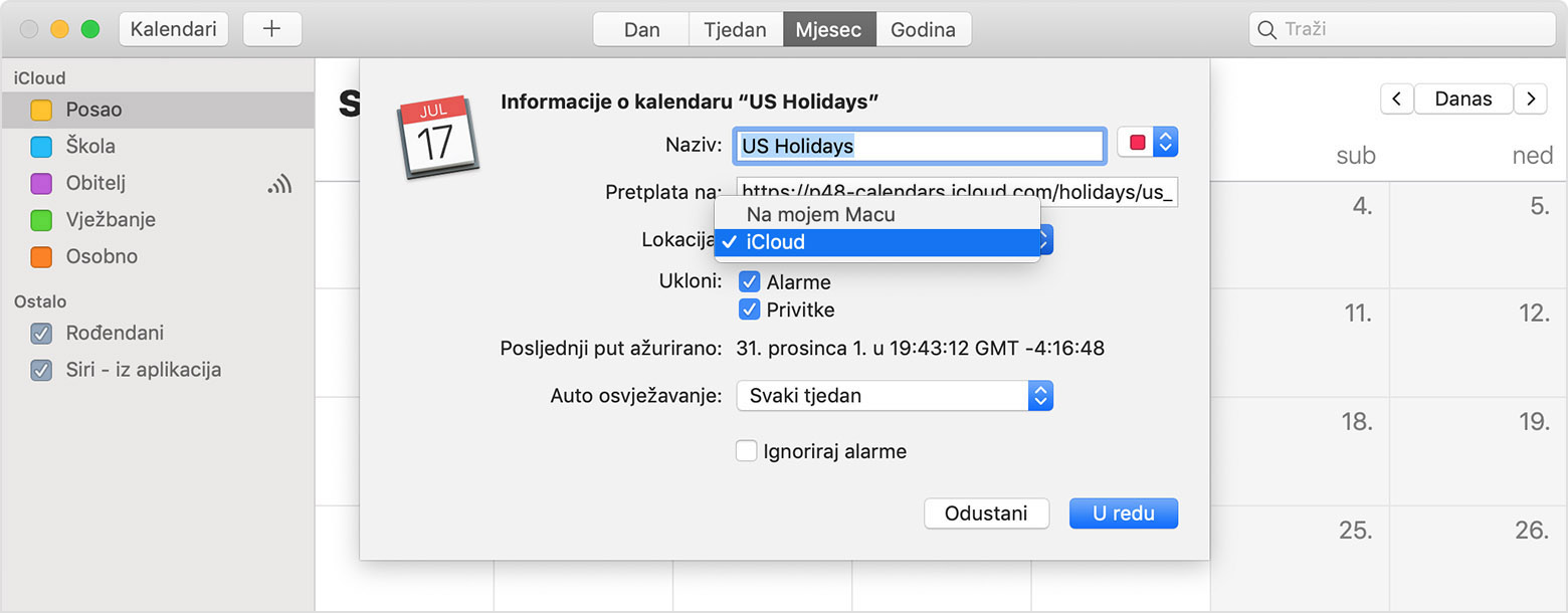 Postavka US Holidays Info u kalendaru iCloud