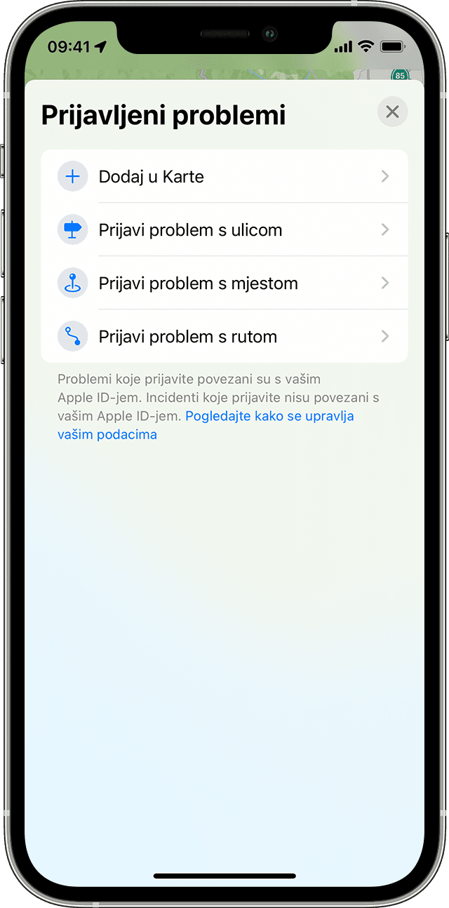 Zaslon iPhone uređaja prikazuje kako prijaviti problem