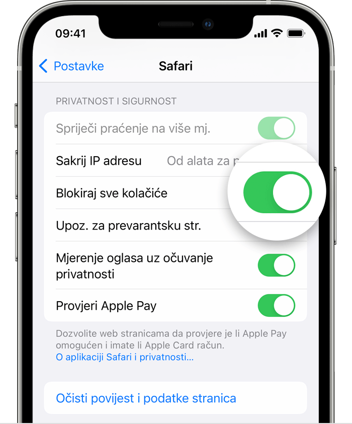 Postavke preglednika Safari na iPhone uređaju s omogućenom opcijom Blokiraj sve kolačiće
