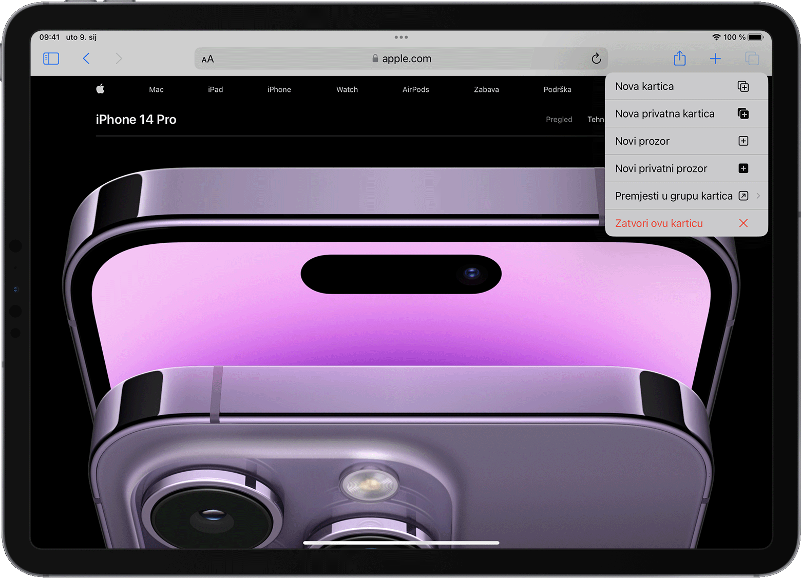 iPad s otvorenim izbornikom opcija kartice preglednika Safari