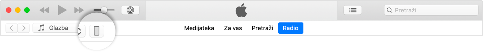 Ikona uređaja u gornjem lijevom kutu prozora programa iTunes.