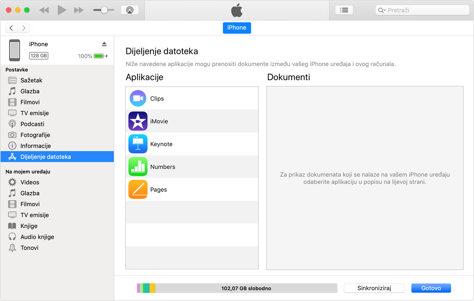 Prozor programa iTunes s povezanim iPhone uređajem i stavkom Dijeljenje datoteka odabranom na popisu.