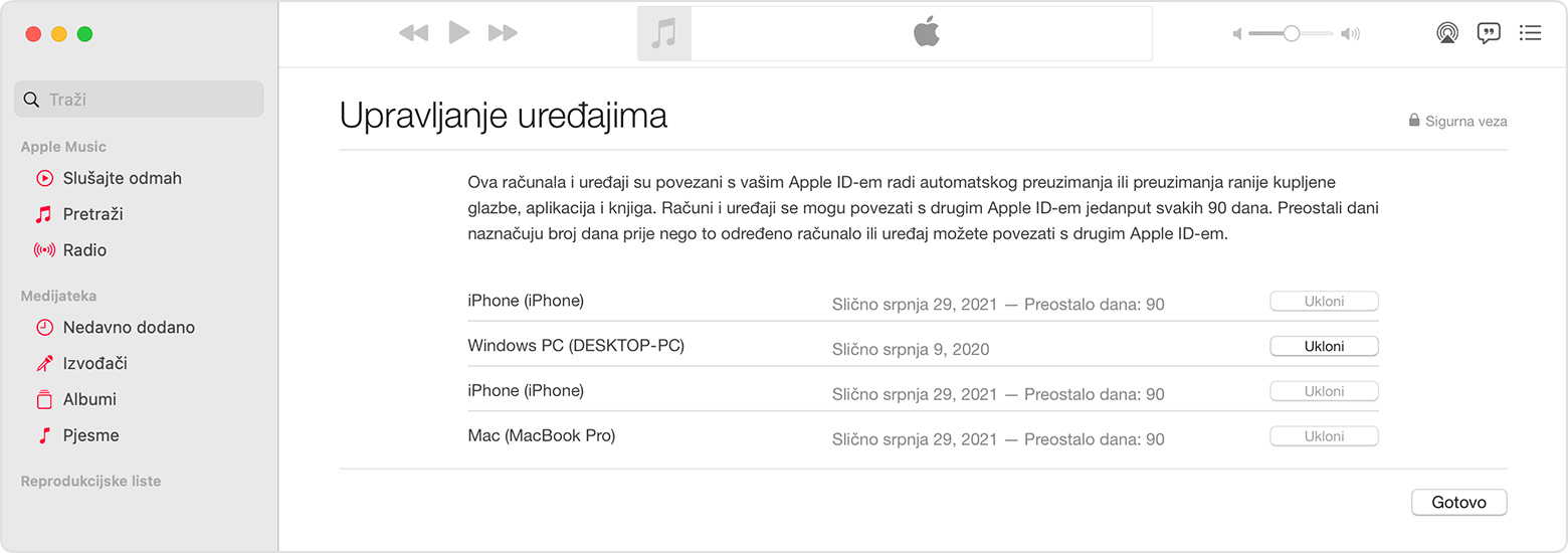 Na Mac računalu prikazuje se popis od tri uređaja. Tipka za uklanjanje nije dostupna za neke uređaje na popisu.