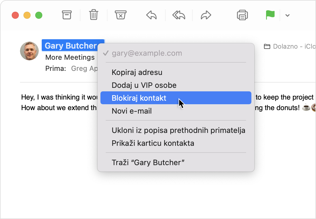 Mail u sustavu macOS s prikazom izbornika slanja te s odabranom opcijom Blokiraj kontakt