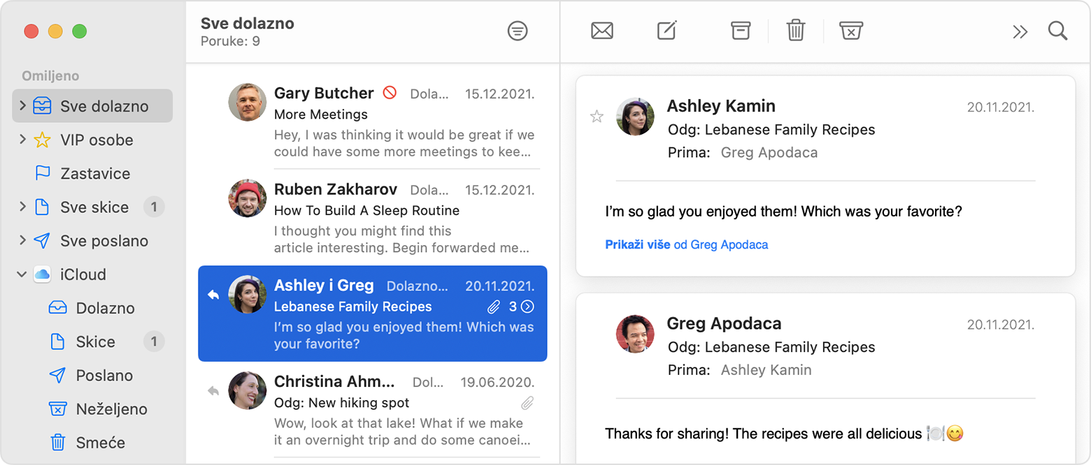 Mail u sustavu macOS organiziran prema razgovoru