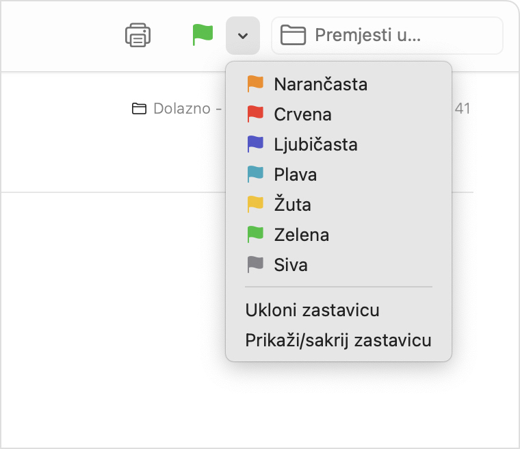 Mail u sustavu macOS s prikazom skočnog izbornika zastavice