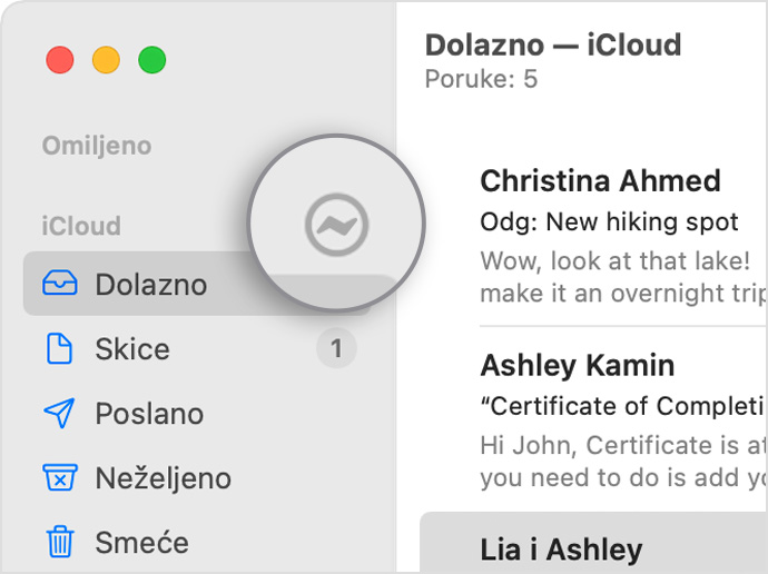 iCloud račun u bočnoj traci aplikacije Mail s prikazanom ikonom munje