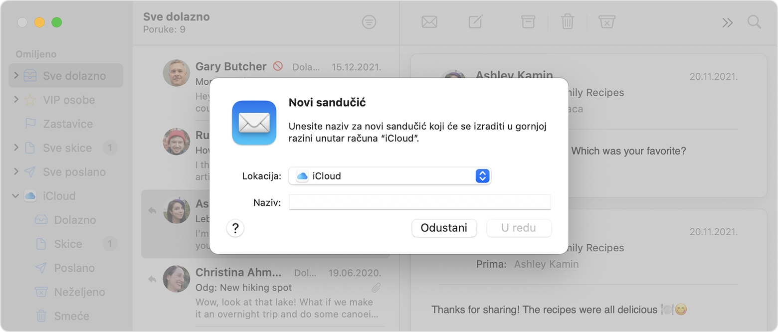Mail u sustavu macOS Mail s prikazom opcija za nove sandučiće