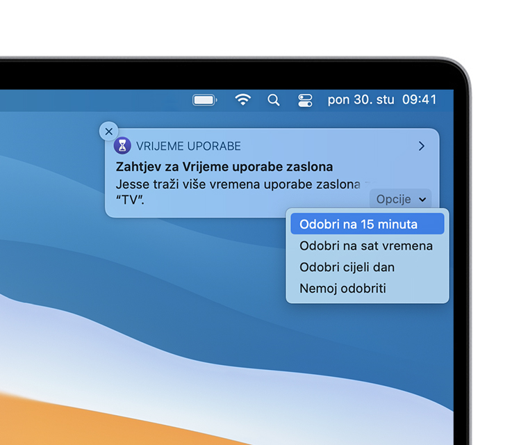 Obavijest o zahtjevu za vrijeme uporabe zaslona na radnoj površini u sustavu macOS